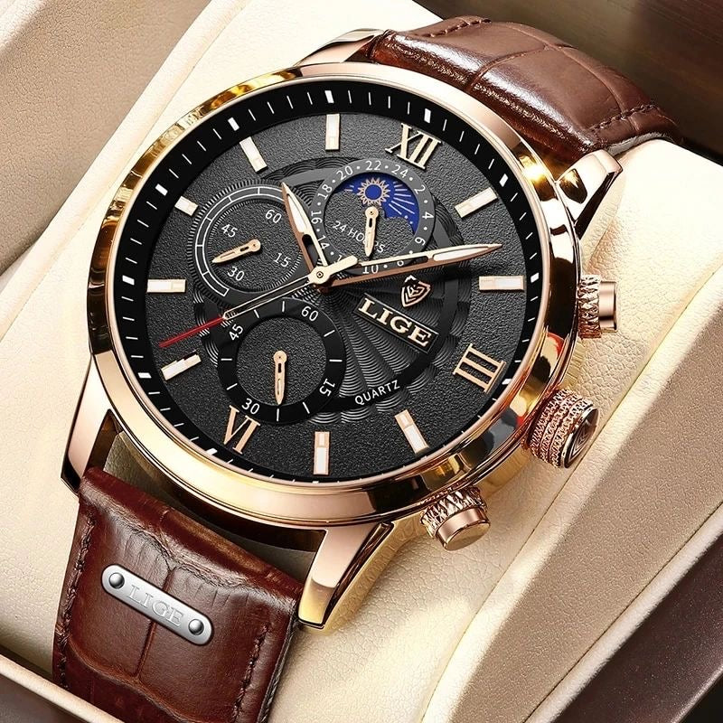 LIGE Men's Quartz Watch – Rose Gold Case, Brown Leather Strap